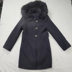 Calvin Klein Women’s Small Black Wool Blend Belted Coat Hood Faux Fur Trim